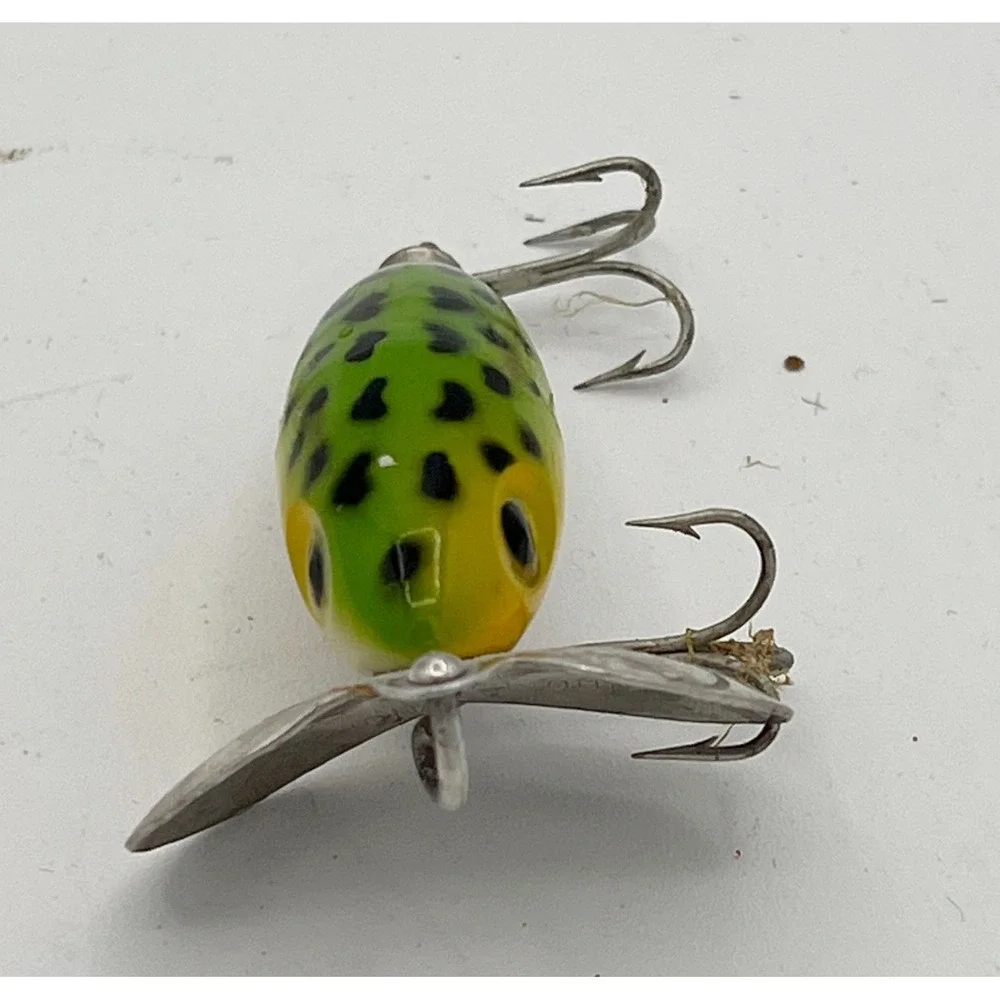 2 Vintage Fred Arbogast Jitterbug Fishing Lures Frog Pattern Topwater Bass Akron